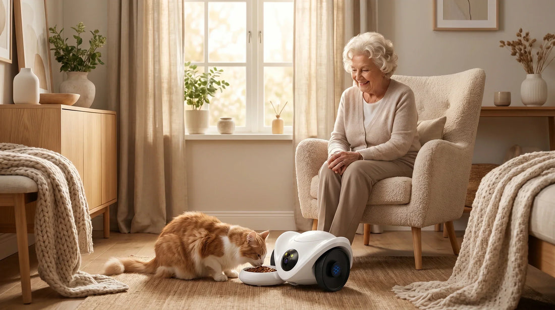 Seniorin mit Katze und PawCam Feeder automatischer Futterautomat iSplash