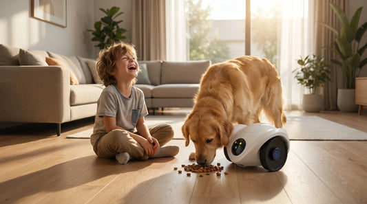 Enfant avec chien et PawCam Feeder distributeur connecté famille iSplash