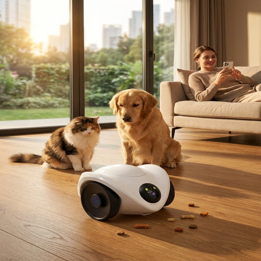 PawCam Feeder robot connecté distribuant friandises à chat et chien maison intelligente
